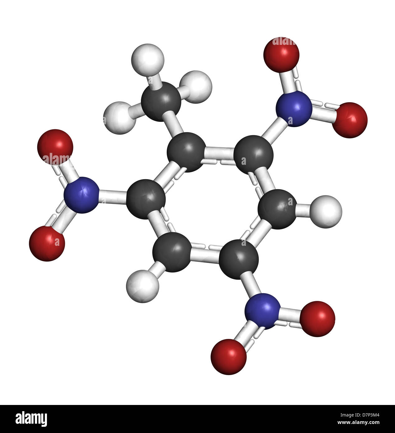 Trinitrotoluene (TNT) explosive molecule, chemical structure. Atoms are represented as spheres with conventional color coding Stock Photo