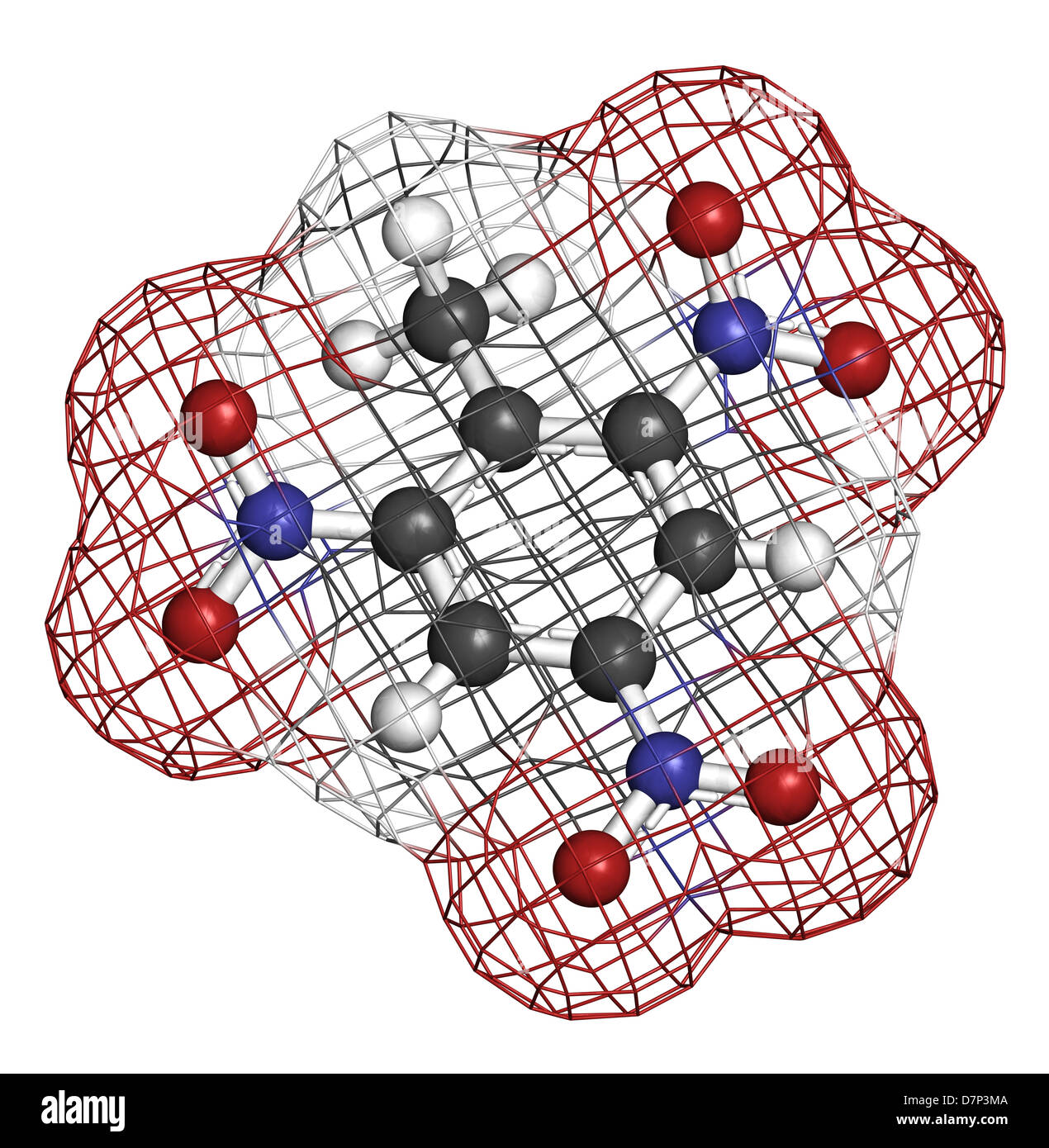 Trinitrotoluene (TNT) explosive molecule, chemical structure. Atoms are represented as spheres with conventional color coding Stock Photo