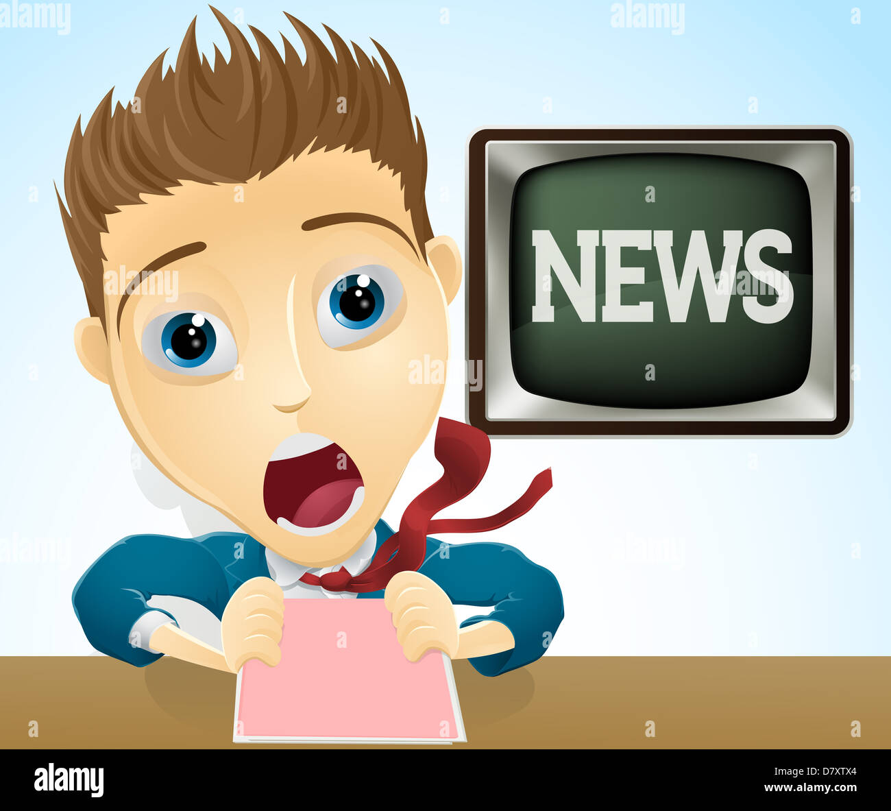 An illustration of a cartoon shocked TV news presenter Stock Photo