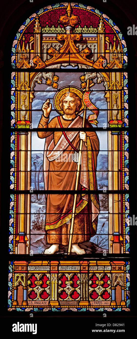 MADRID - MARCH 10: Saint John the Baptist from windowpane of church San Jeronimo el Real on March 10, 2013 in Spain. Stock Photo