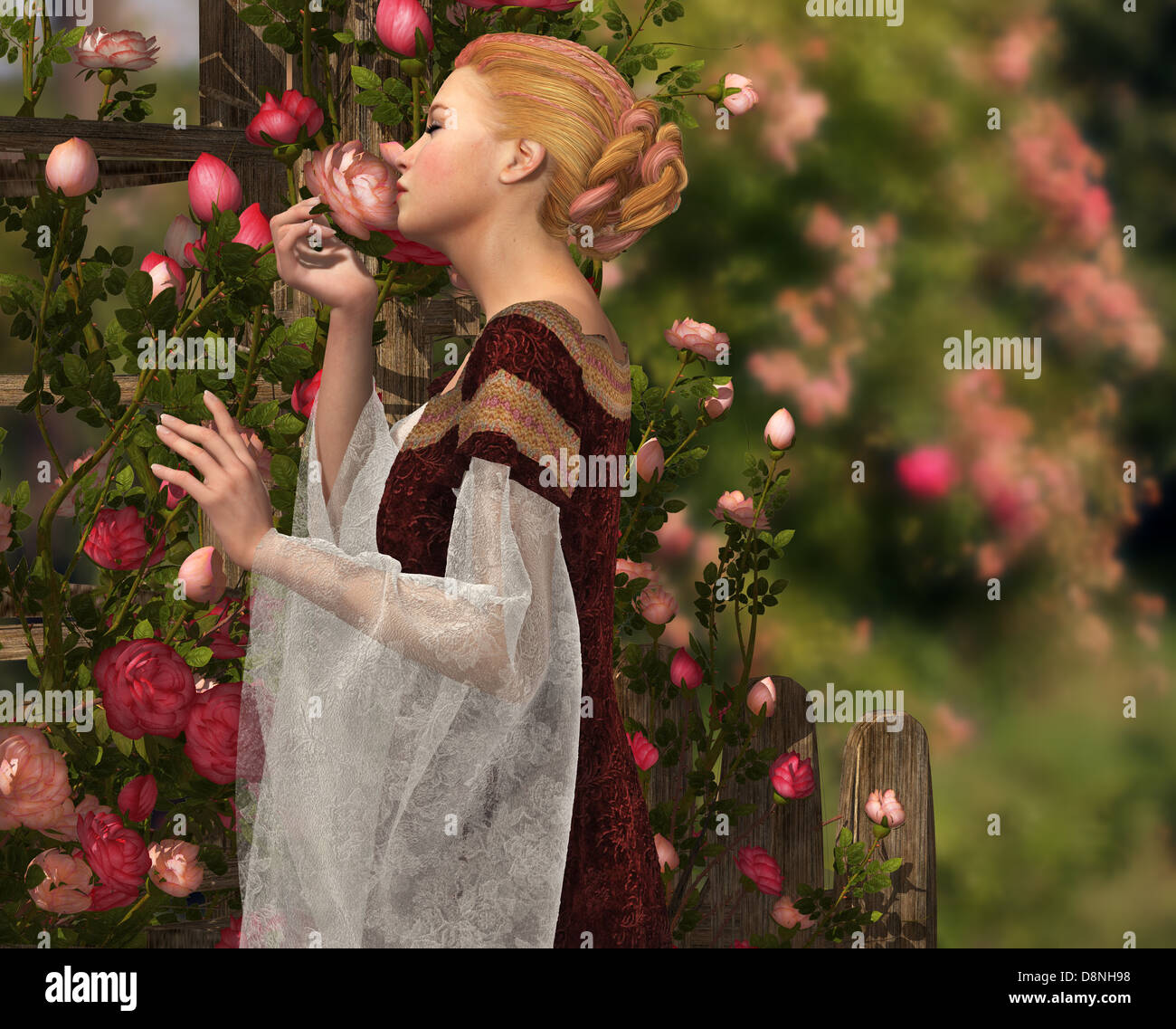 a lady in medieval garb smelling a rose Stock Photo