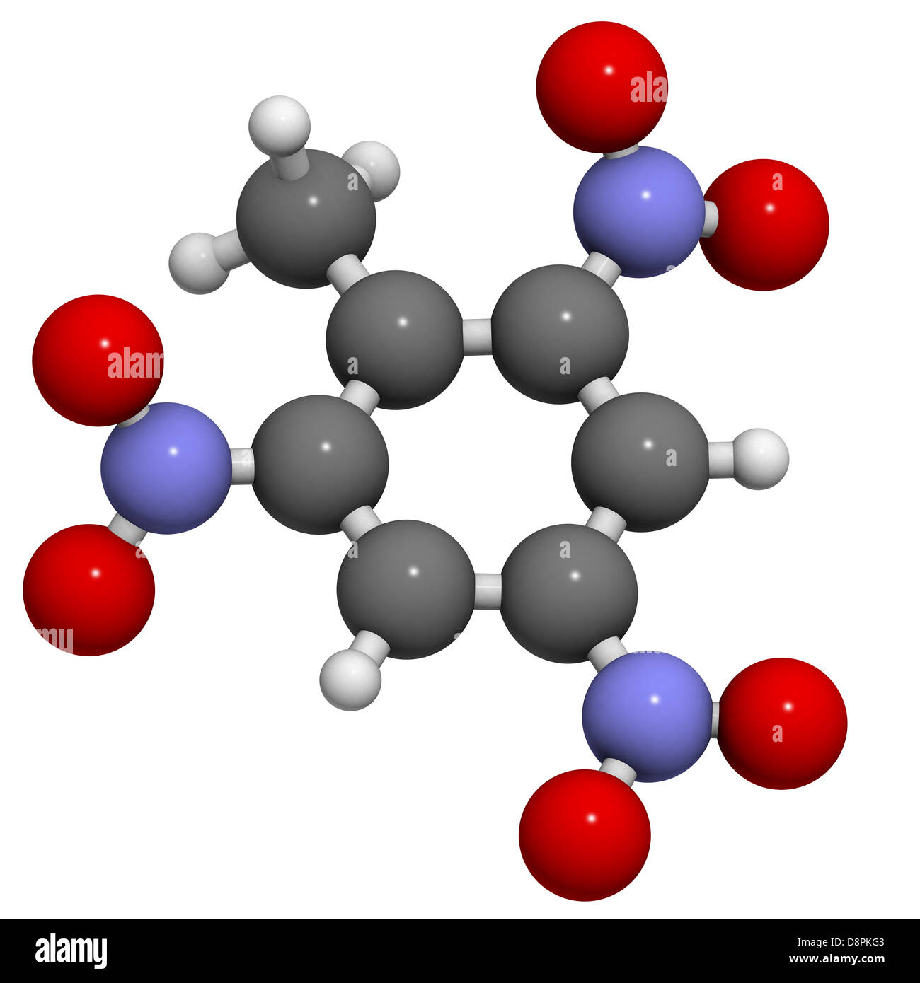 Trinitrotoluene (TNT) explosive molecule, chemical structure. Atoms are represented as spheres with conventional color coding Stock Photo