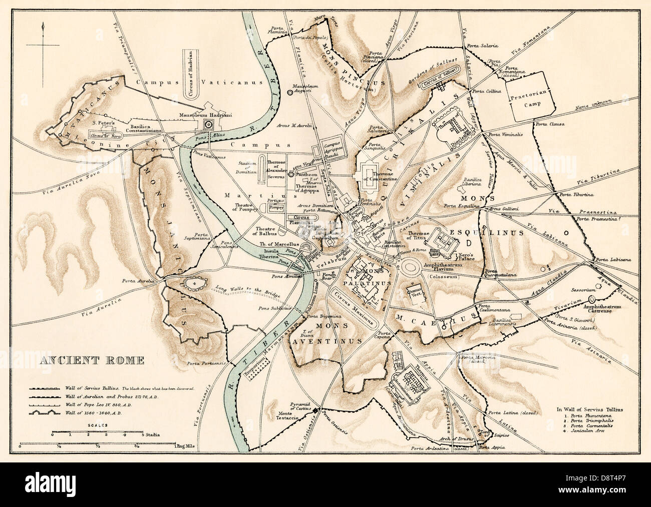 City plan of ancient Rome. Color lithograph Stock Photo