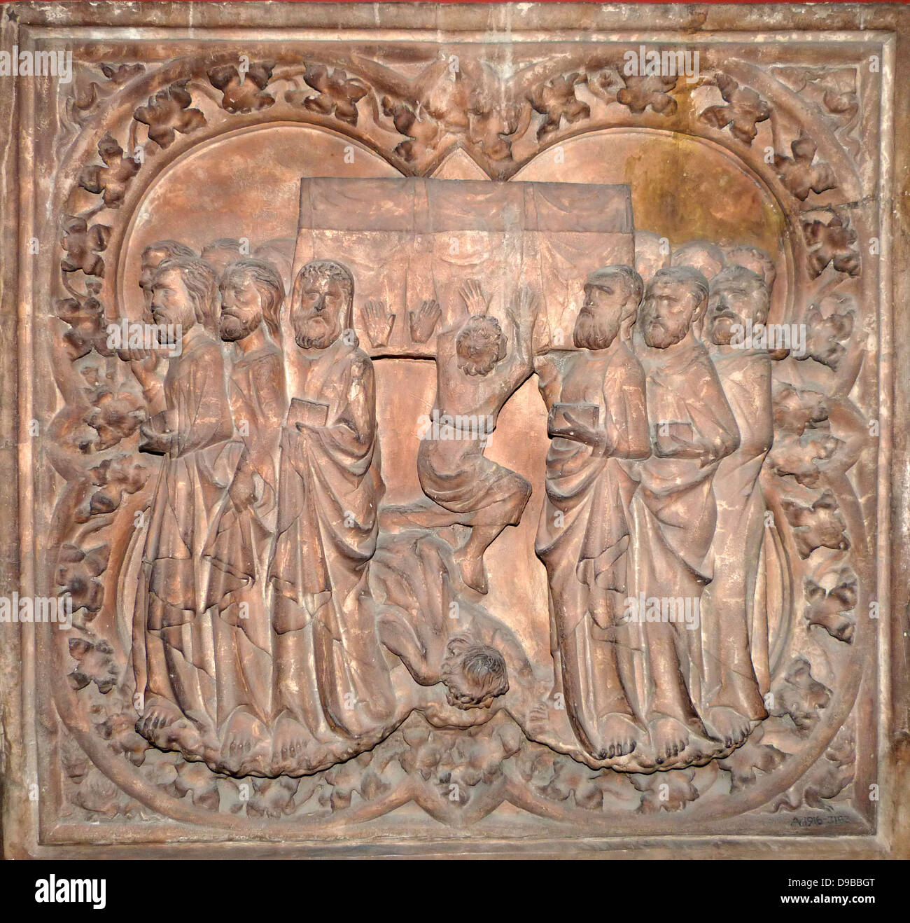 Plaster Cast, Paris, French.  The Coronation of the Virgin, carved in stone, on the north side of the exterior of the apse of the Cathedral of Notre Dame. Executed by Pierre de Chelles (after 1296, before 1316). Stock Photo