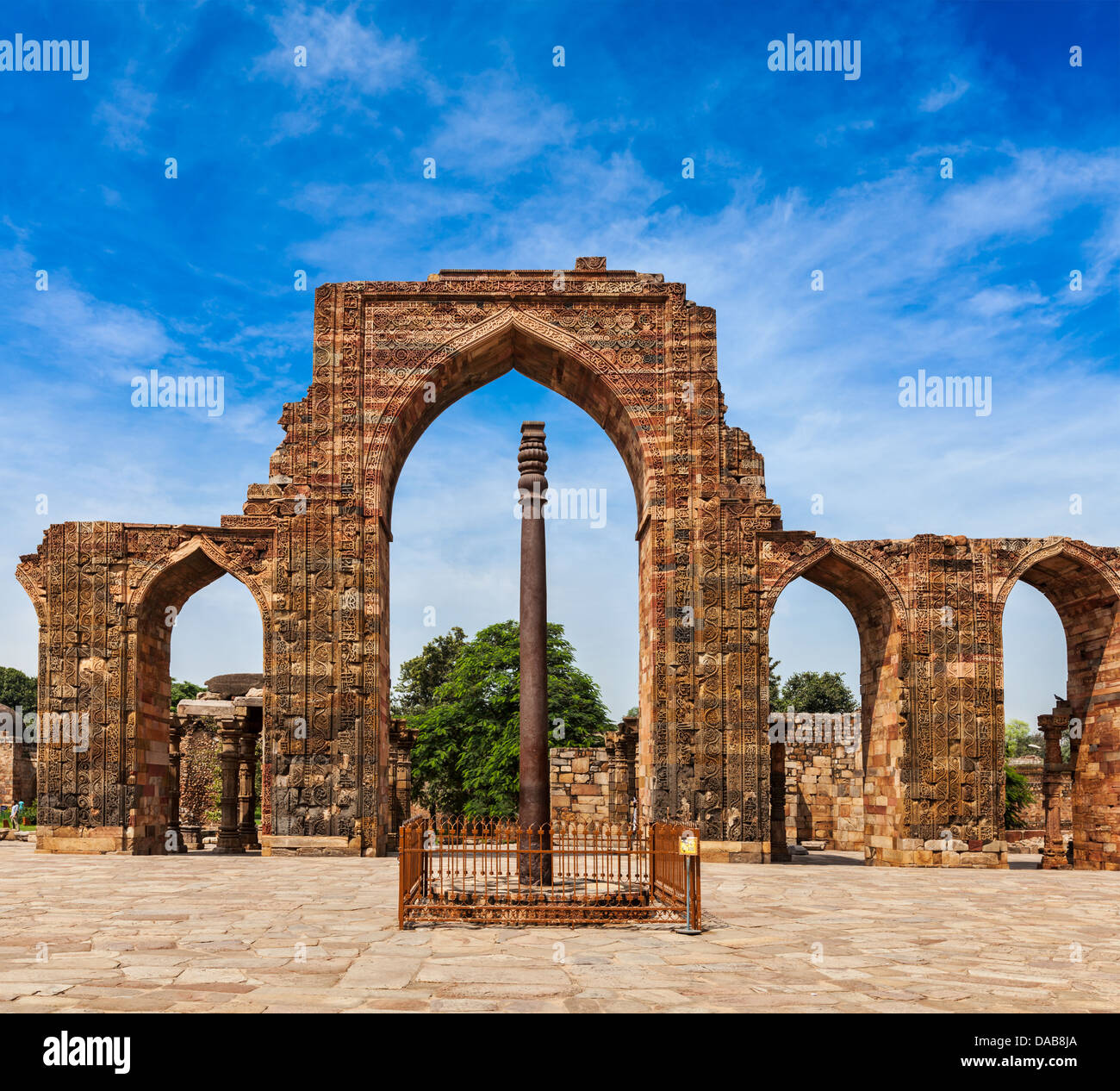 Iron pillar in Qutub complex - metallurgical curiosity. Qutub Complex, Delhi, India Stock Photo