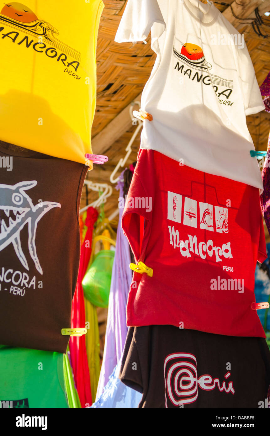 Souvenirs t shirts shirt clothes clothing in local market in Mancora, Peru. Stock Photo