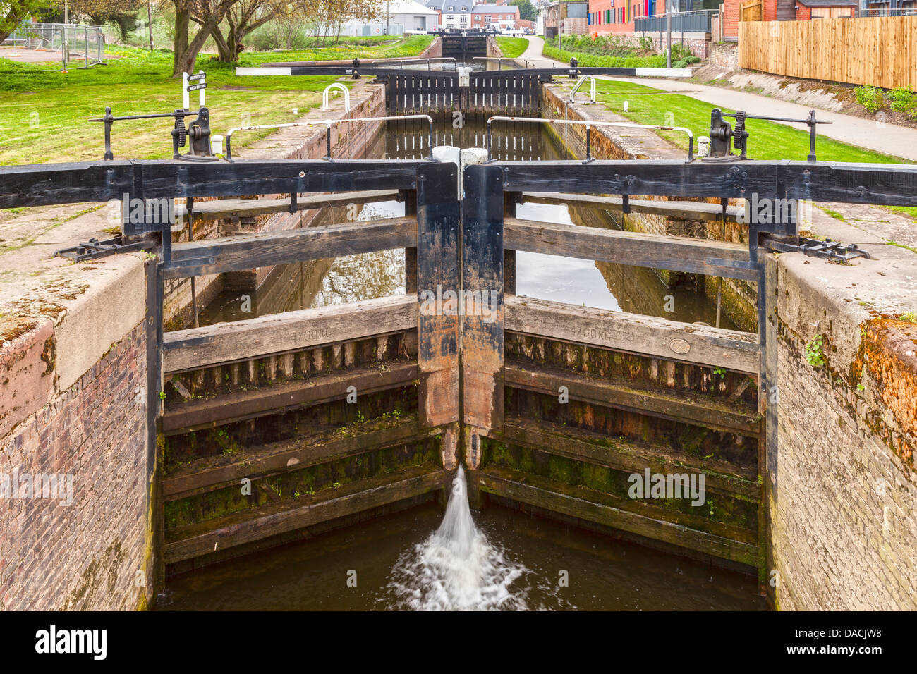 Diglis Bottom Lock on the Worcester Birmingham Canal near the junction with the River Severn at Diglis, Worcester, England. Stock Photo