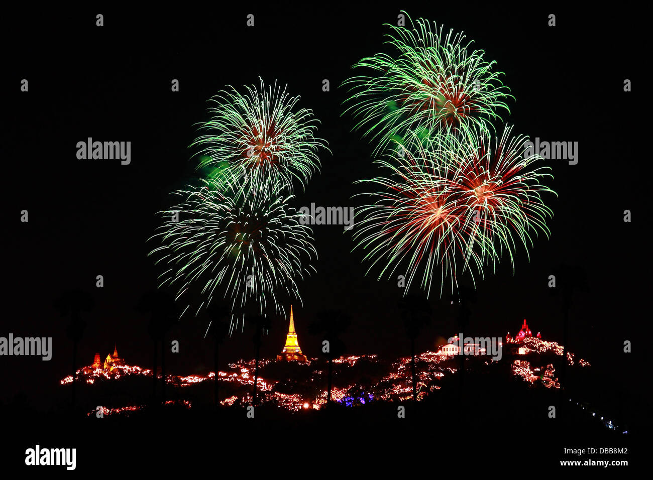 Khao Wang Festival with Firework on Khao Wang Mountain Palace in Phetchaburi, Thailand Stock Photo