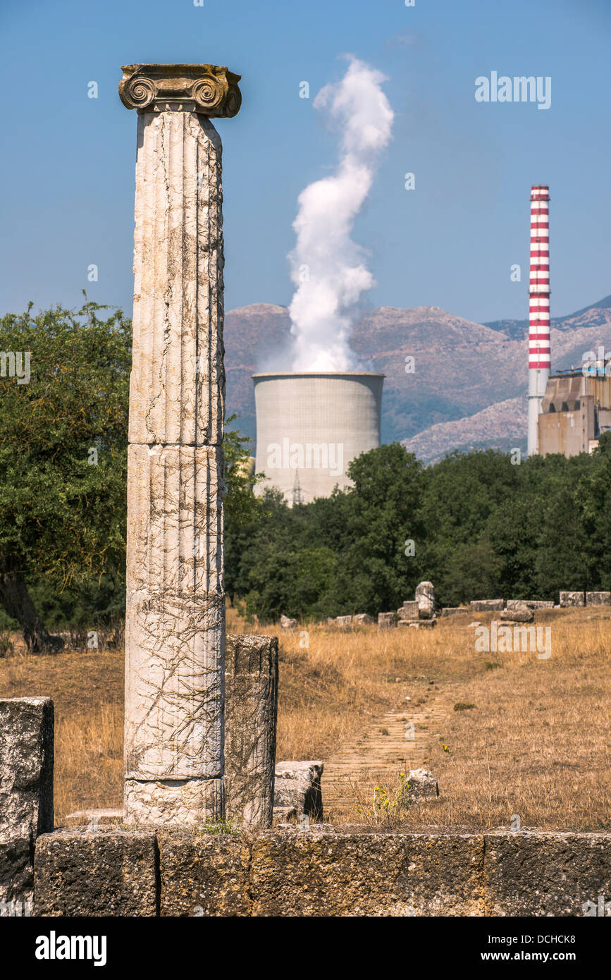 Ancient Megalopolis with the cooling tower Megalopoli's modern power station in the background. Central Peloponnese, Greece. Stock Photo