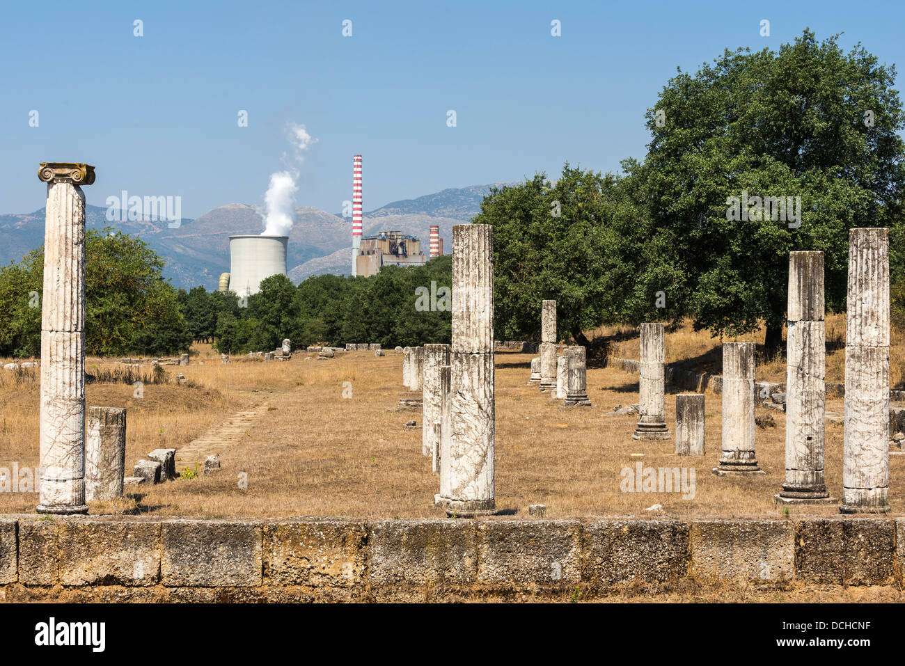 Ancient Megalopolis with the cooling tower Megalopoli's modern power station in the background. Central Peloponnese, Greece. Stock Photo