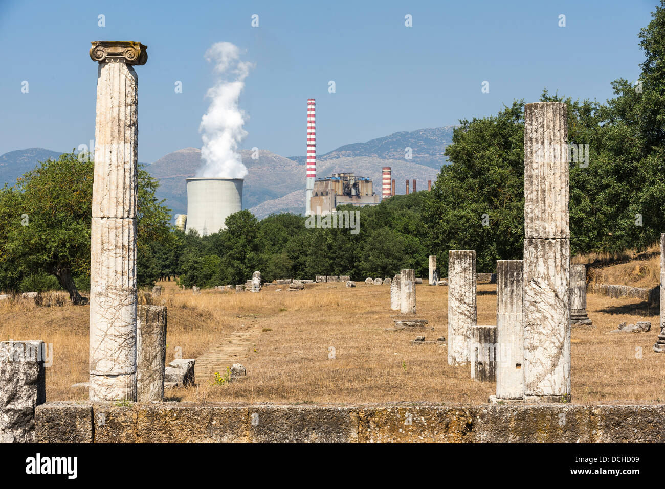 Ancient Megalopolis with the cooling tower Megalopoli's modern power station in the background. Central Peloponnese, Greece. Stock Photo