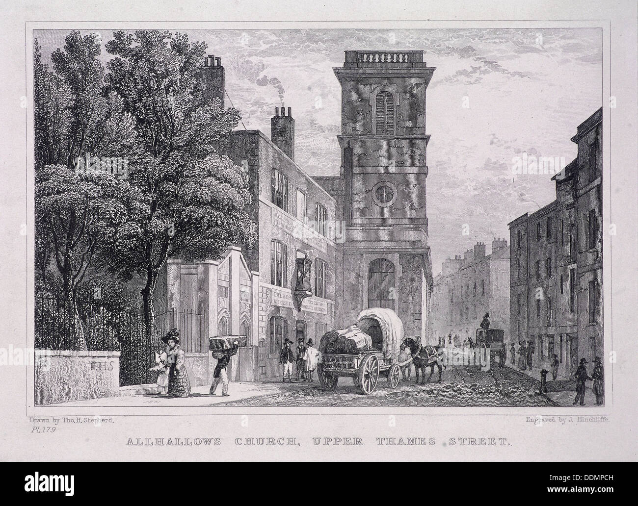 All Hallows the Great, London, c1829. Artist: J Hinchcliff Stock Photo