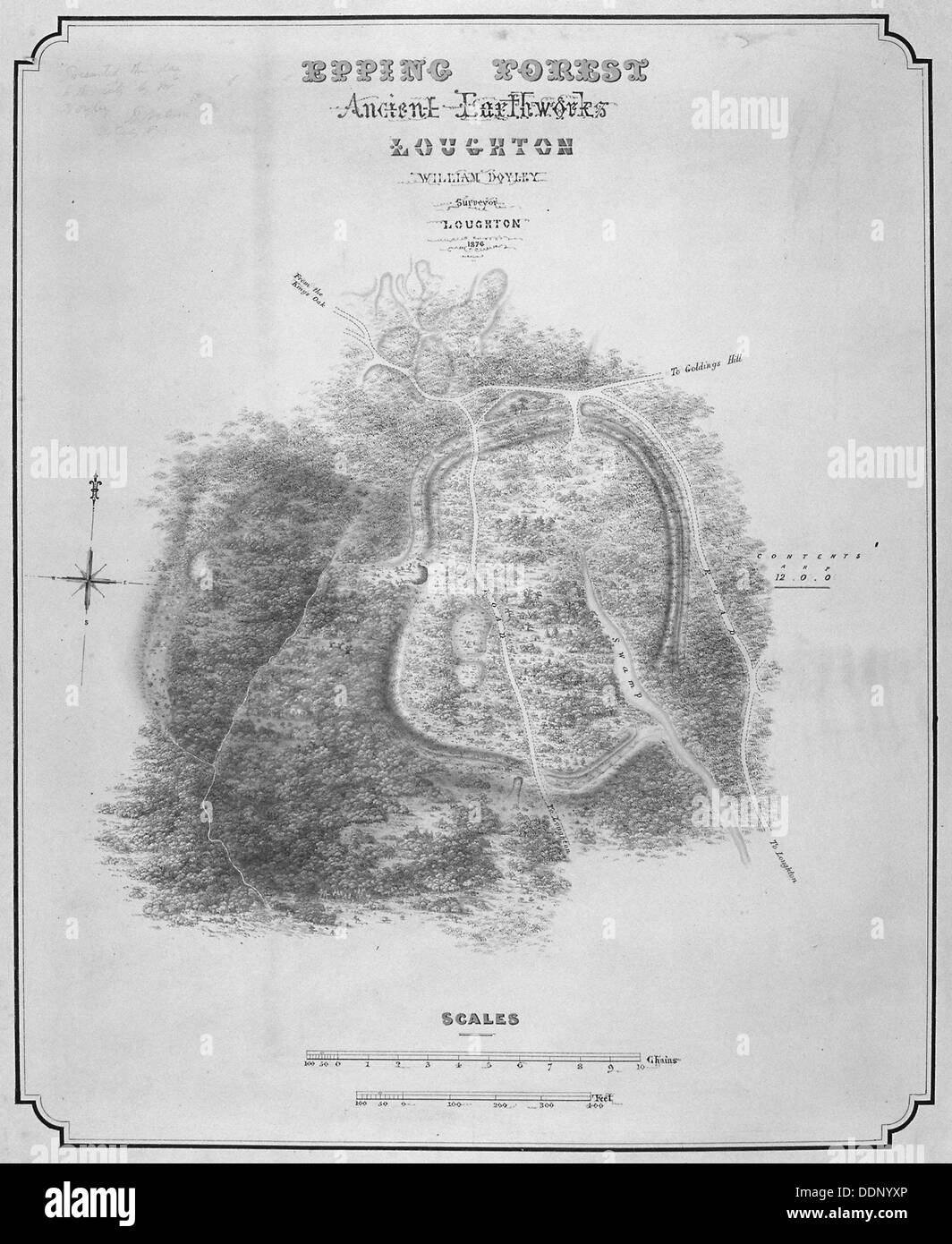 Map of the ancient earthworks at Loughton Camp made around AD 52 in Epping Forest, Essex, 1876. Artist: William d'Oyley Stock Photo