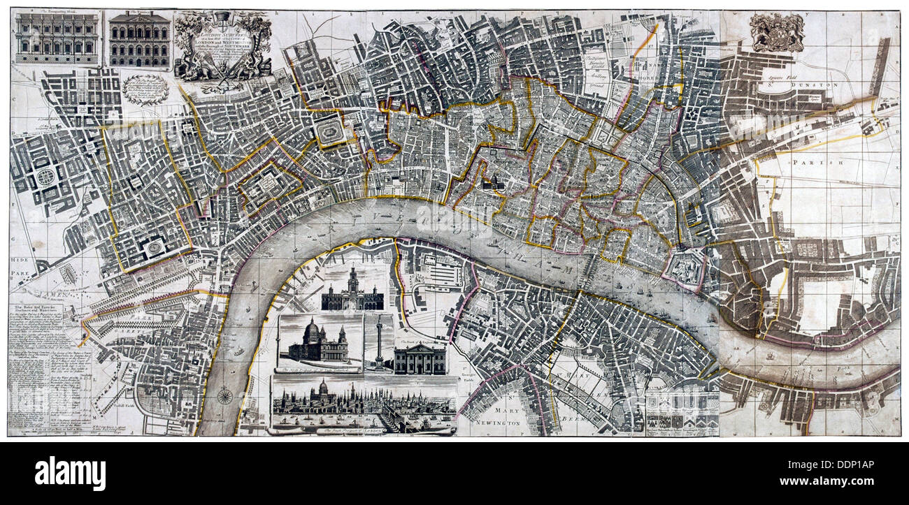 Map of the City of London, City of Westminster, River Thames, Lambeth and Southwark, 1736. Artist: Anon Stock Photo