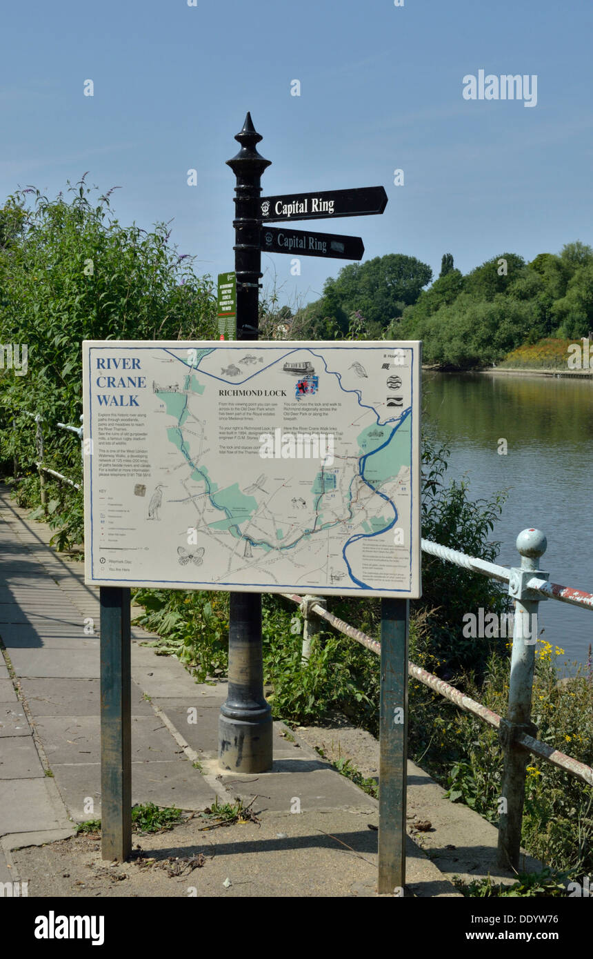 River Crane Walk sign next to the River Thames, Twickenham, London, UK. Stock Photo