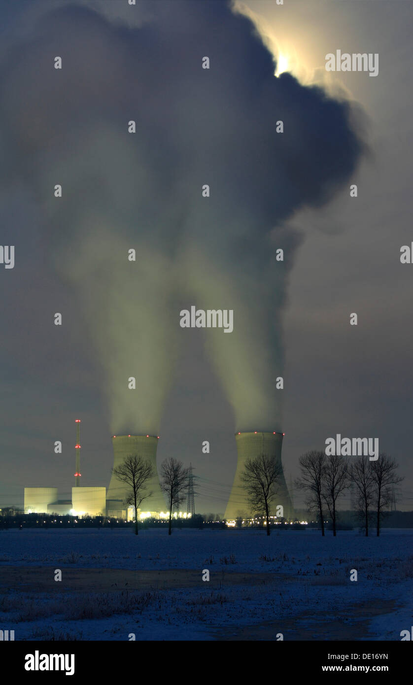 Smoke column covering the moon, Gundremmingen Nuclear Power Plant, the most powerful German atomic power plant Stock Photo