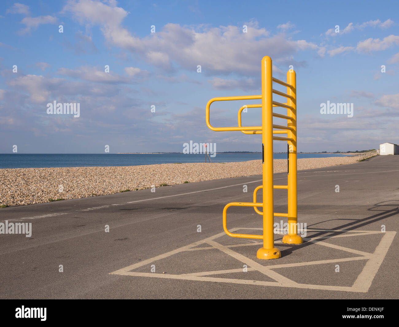 View along seafront promenade with trim trail apparatus by empty beach in Aldwick Bognor Regis West Sussex England UK Britain Stock Photo