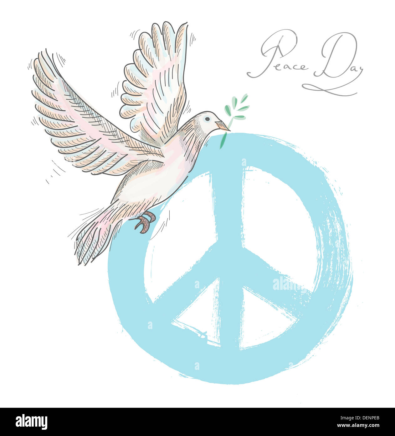 Hand drawn peace day composition: blue symbol and dove bird over texture background. EPS10 Vector file organized in layers for easy editing. Stock Photo