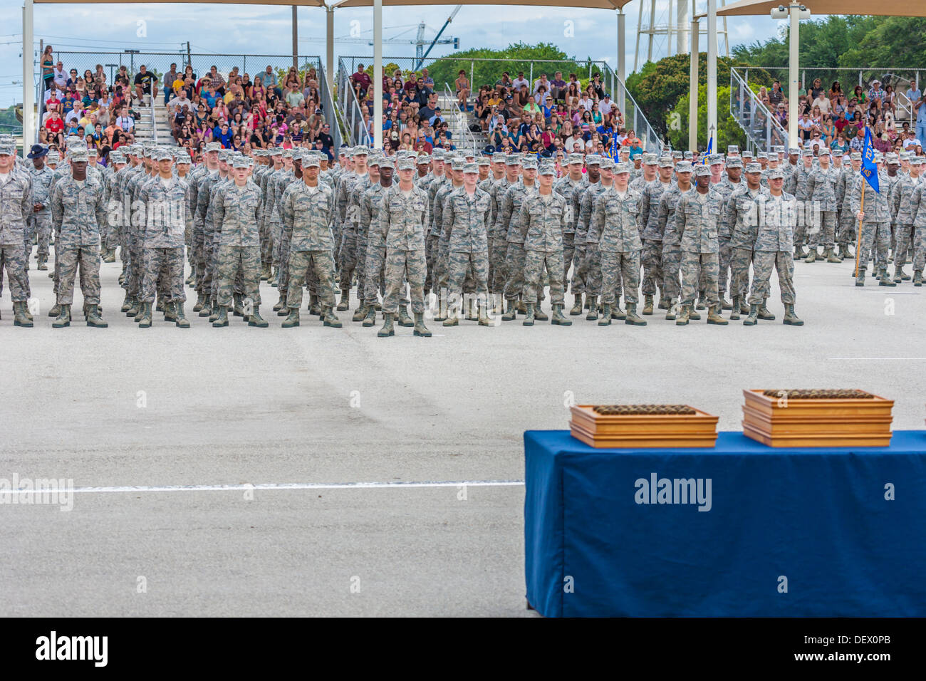 Flights of airmen at parade rest during United States Air Force basic training graduation ceremonies In San Antonio, Texas Stock Photo