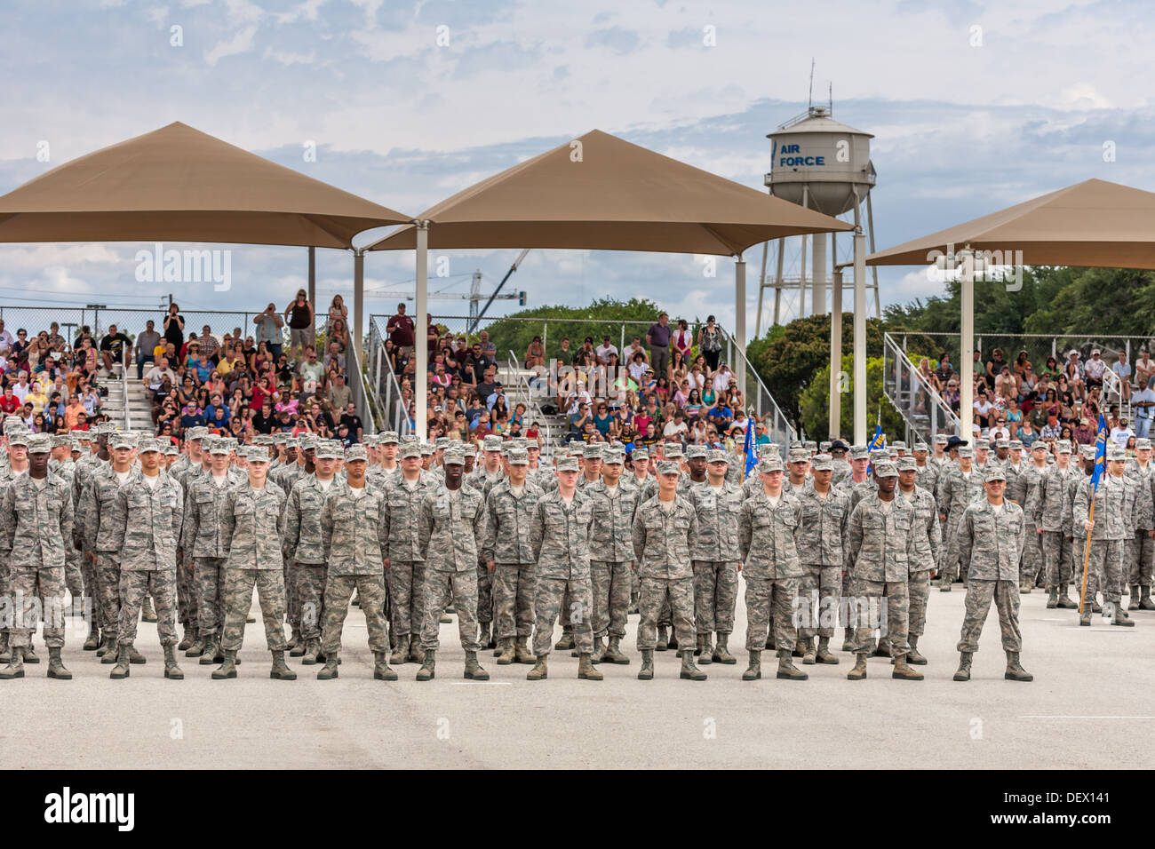 Flights of airmen at parade rest during United States Air Force basic training graduation ceremonies In San Antonio, Texas Stock Photo