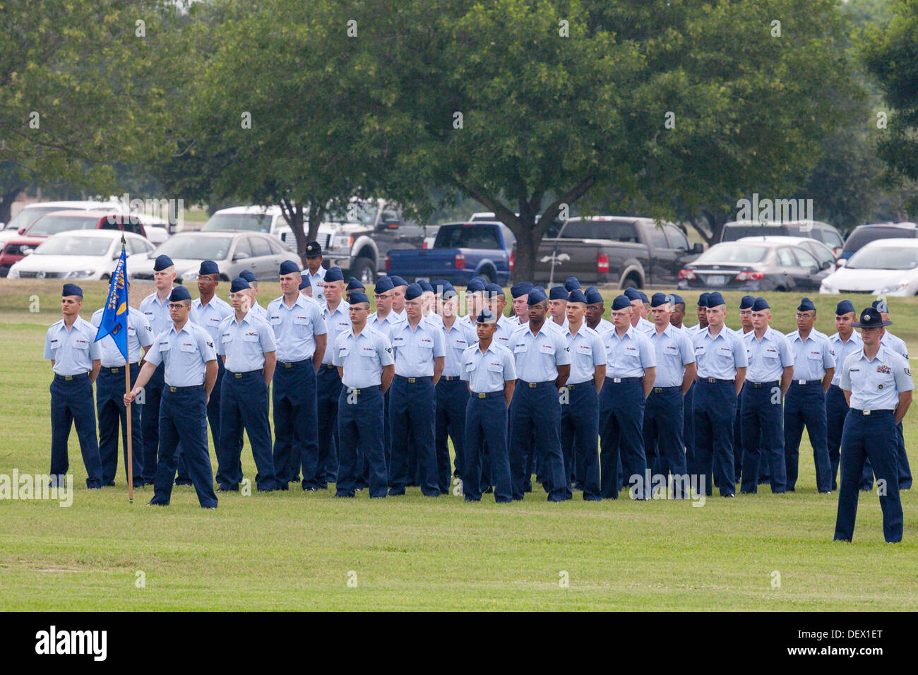 Airmen at parade rest during United States Air Force basic training graduation ceremonies In San Antonio, Texas Stock Photo