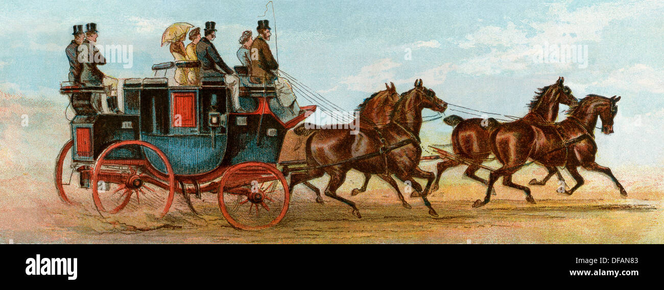 Coach and four horses of Mr Oakeley, London, 1880s. Color lithograph Stock Photo