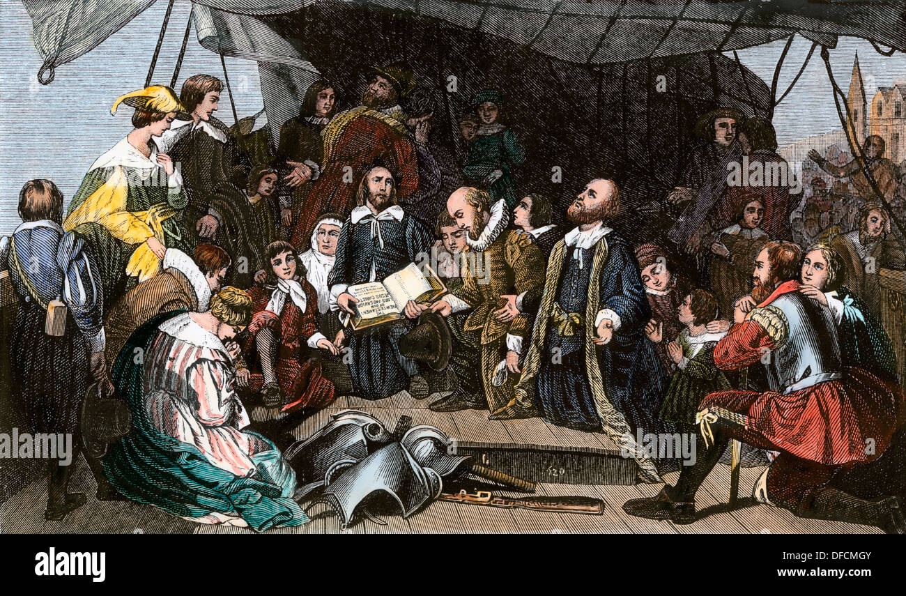 Pilgrim's farewell meeting on the 'Mayflower,' 1620. Hand-colored woodcut Stock Photo