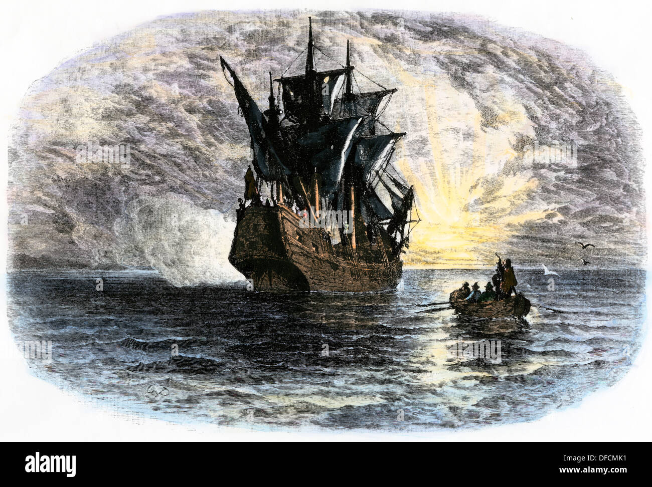 Landing party from the 'Mayflower' arriving at Plymouth, 1620. Hand-colored woodcut Stock Photo