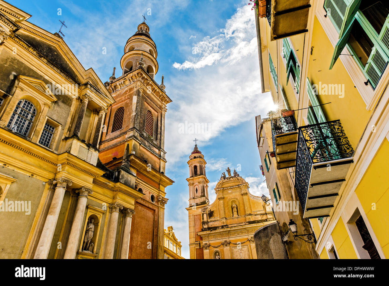 Europe, France, Alpes-Maritimes, Menton. White penitents chapel and the Basilica of Saint Michel. Stock Photo