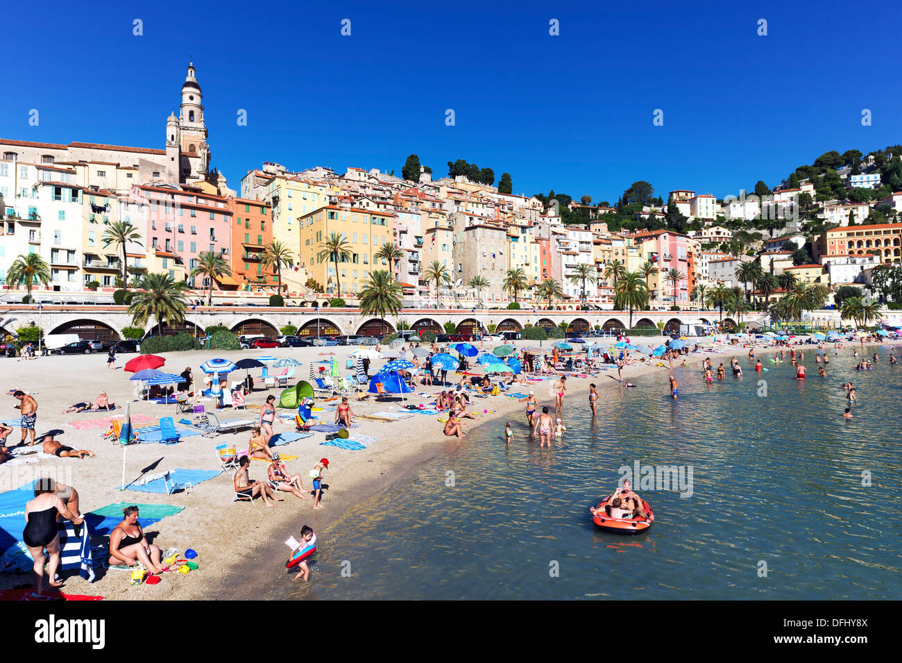 Europe, France, Alpes-Maritimes, Menton. The beach in summer. Stock Photo