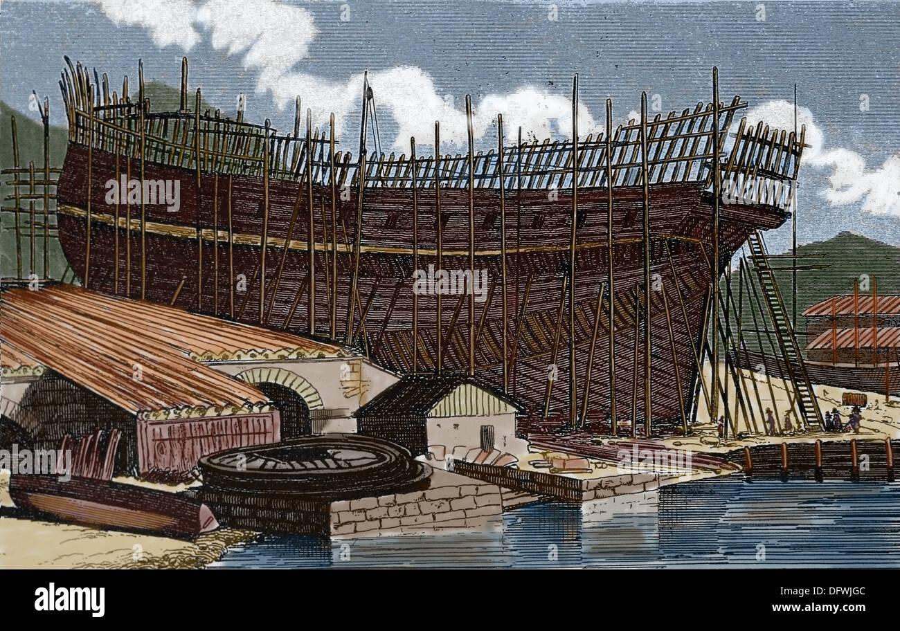 Ship of the line on the stocks. Colored engraving. 19th century. Stock Photo