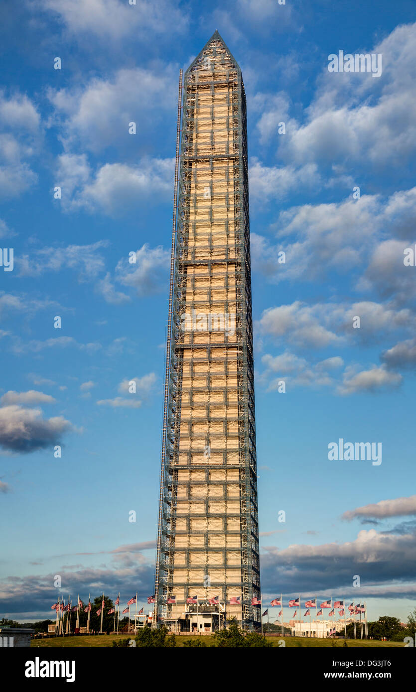 Washington, D.C., USA. Scaffolding on the Washington Monument for Repairs of 2011 Earthquake Damage. Early Morning. Stock Photo