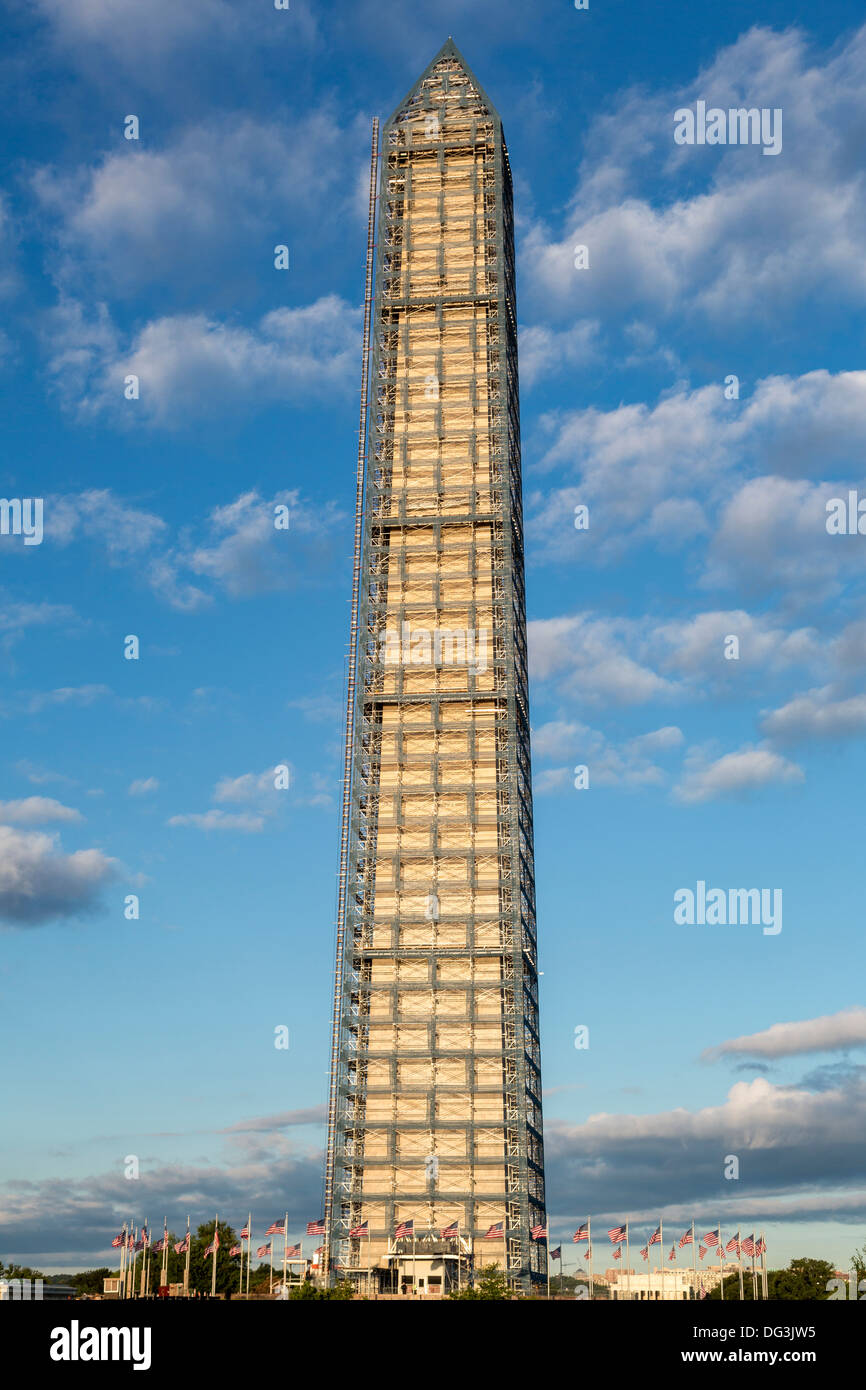 Washington, D.C., USA. Scaffolding on the Washington Monument for Repairs of 2011 Earthquake Damage. Early Morning. Stock Photo