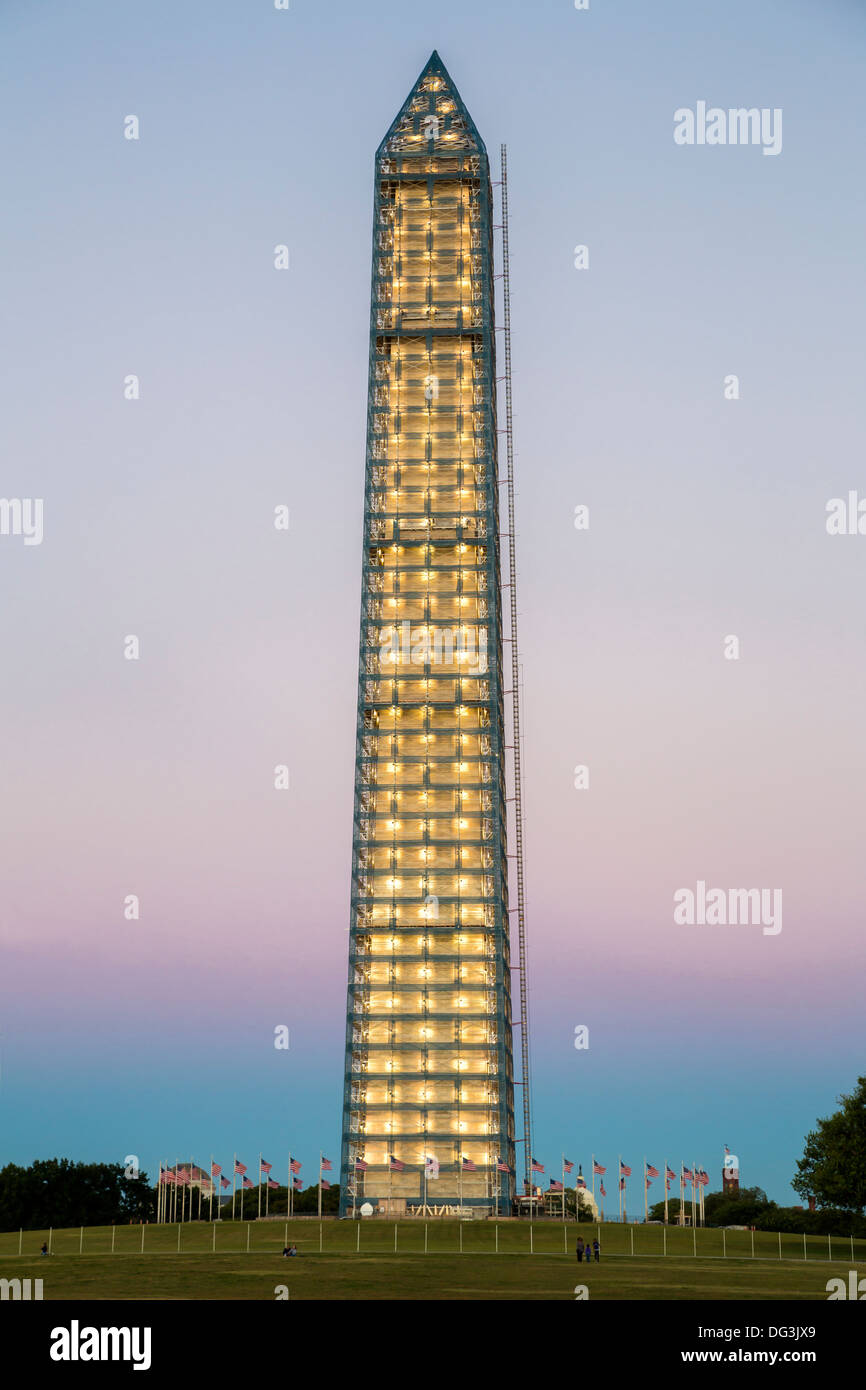 Washington, D.C., USA. Scaffolding on the Washington Monument for Repairs of 2011 Earthquake Damage. Evening. Stock Photo