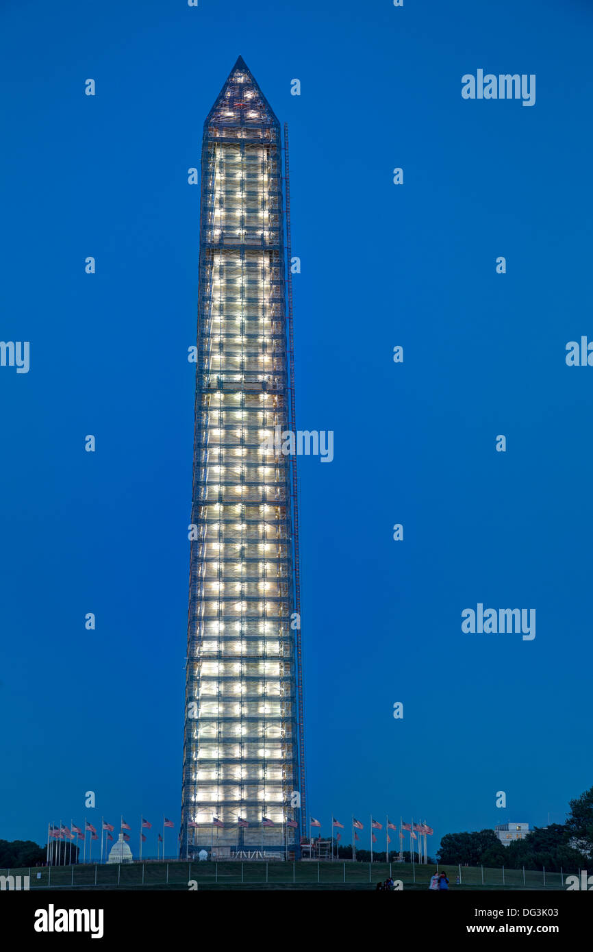 Washington, D.C., USA. Scaffolding on the Washington Monument for Repairs of 2011 Earthquake Damage. Evening. Stock Photo