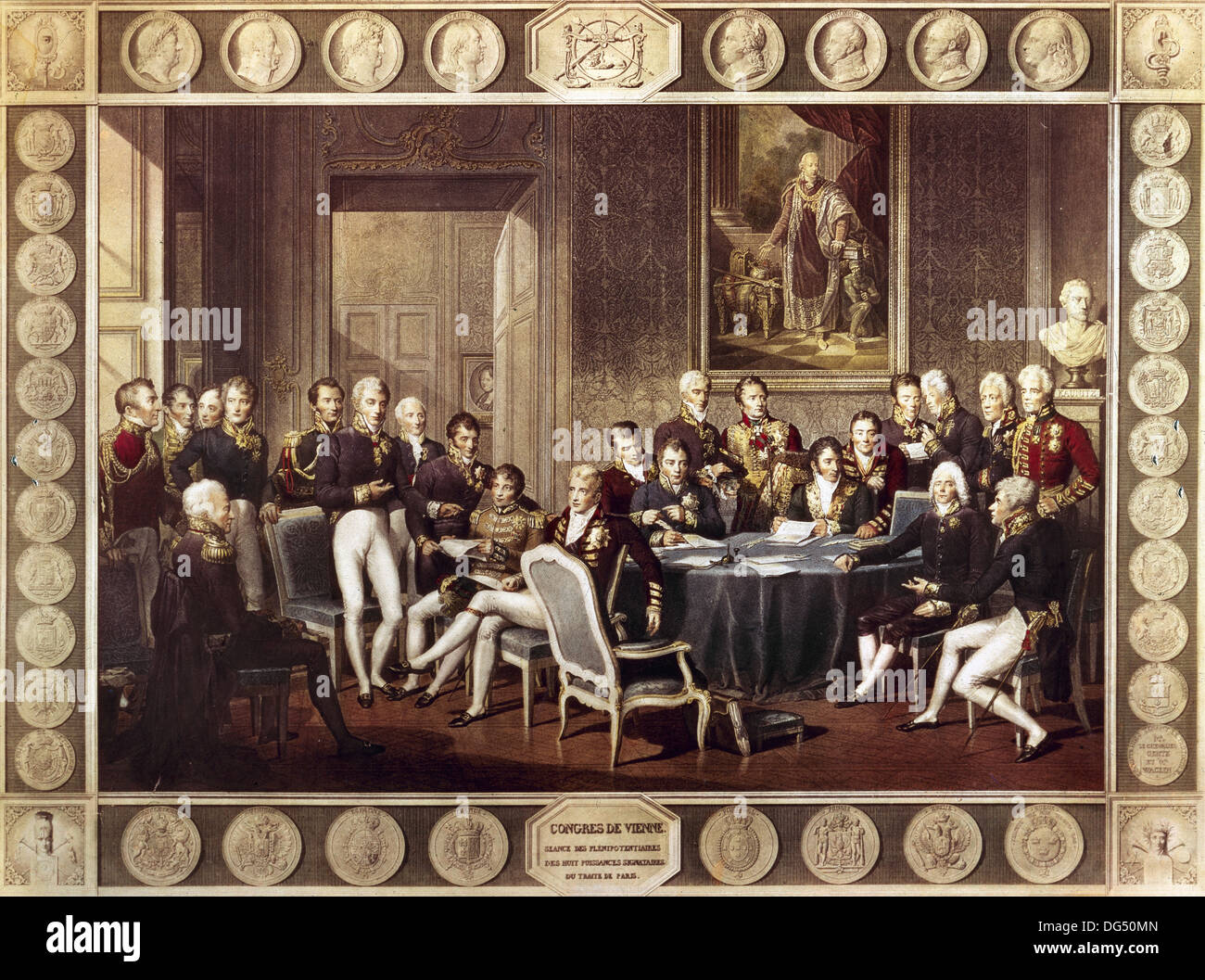 Congress of Vienna chaired by Austrian statesman Metternich. Colored engraving. Stock Photo