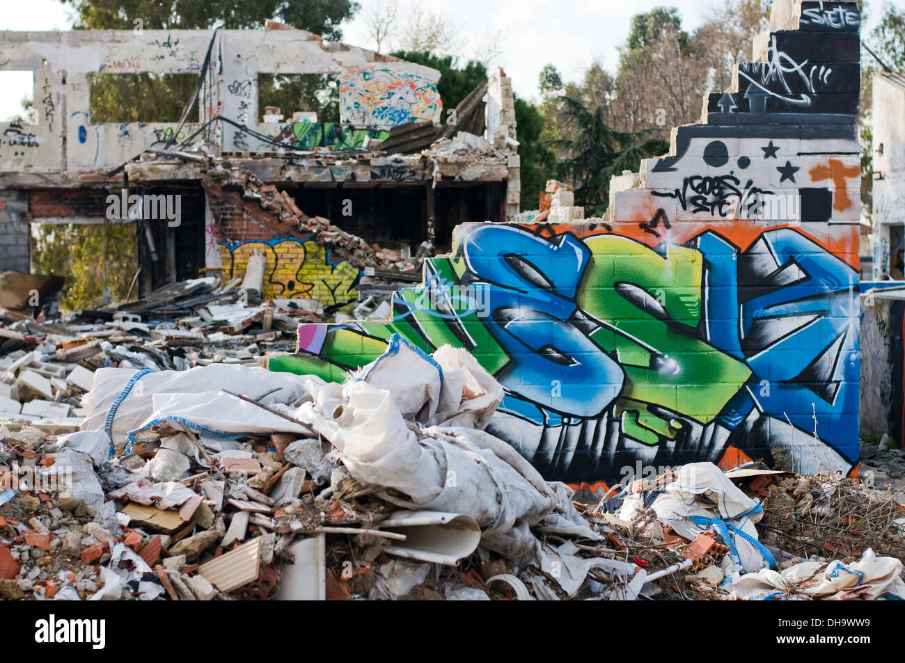 Graffiti in a demolished wall Stock Photo