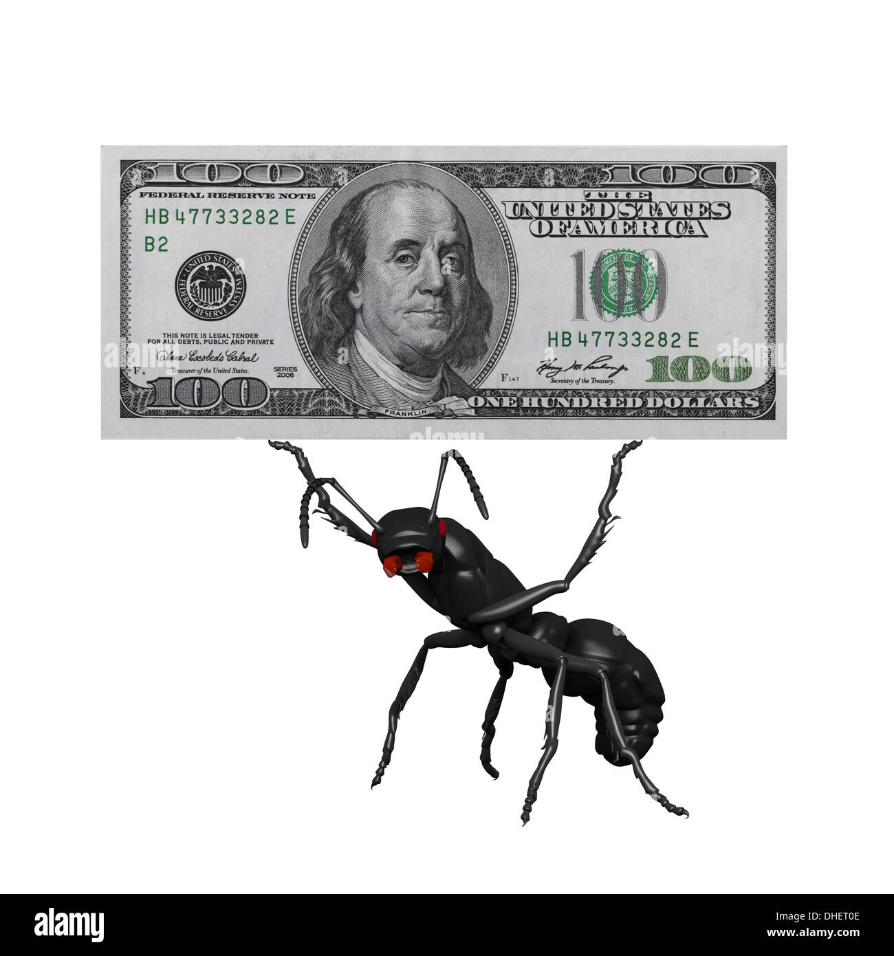 ant carrying a 100 dollar bill computer render Stock Photo