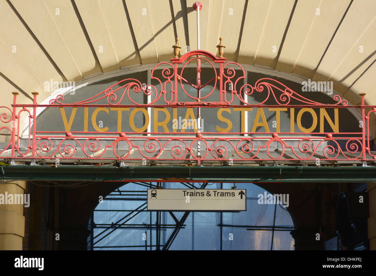 Victoria Station in Manchester with it's historic wrought ironwork above the entrance. Stock Photo