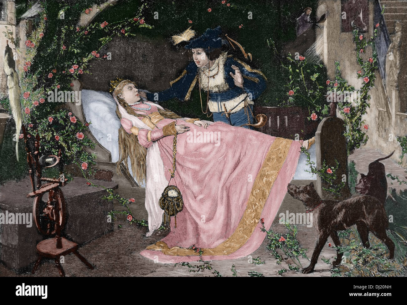 The Sleeping Beauty. The miracle of love. Engraving in The Iberian Illustration, 1885. Colored. Stock Photo