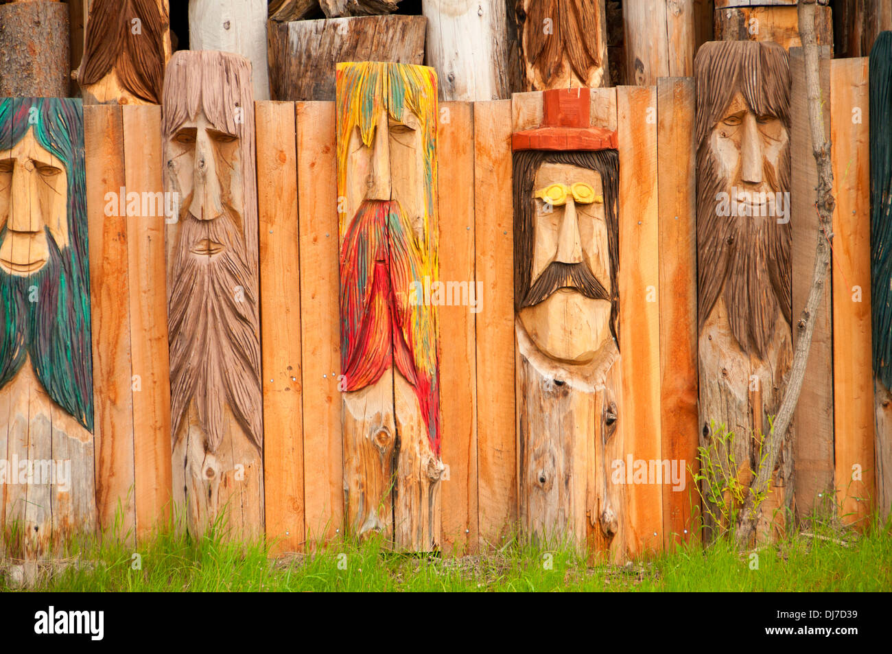 Woodcarver fence, Radium Hot Springs, British Columbia, Canada Stock Photo