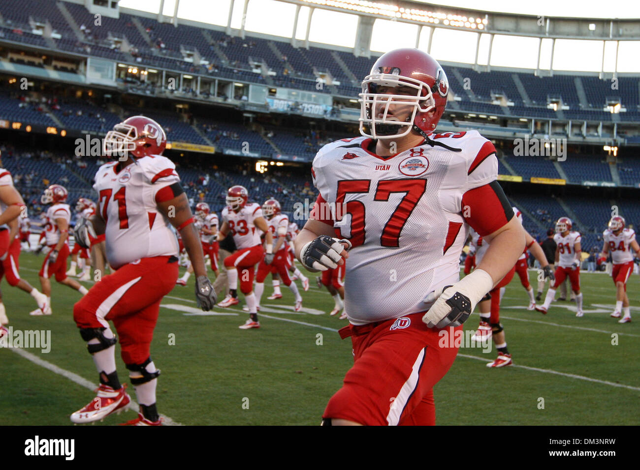 Utah offensive lineman Tyler Williams #57 warms up before game time against Cal in the Poinsettia Bowl at Qualcomm Stadium in San Diego CA. (Credit Image: © Nick Morris/Southcreek Global/ZUMApress.com) Stock Photo