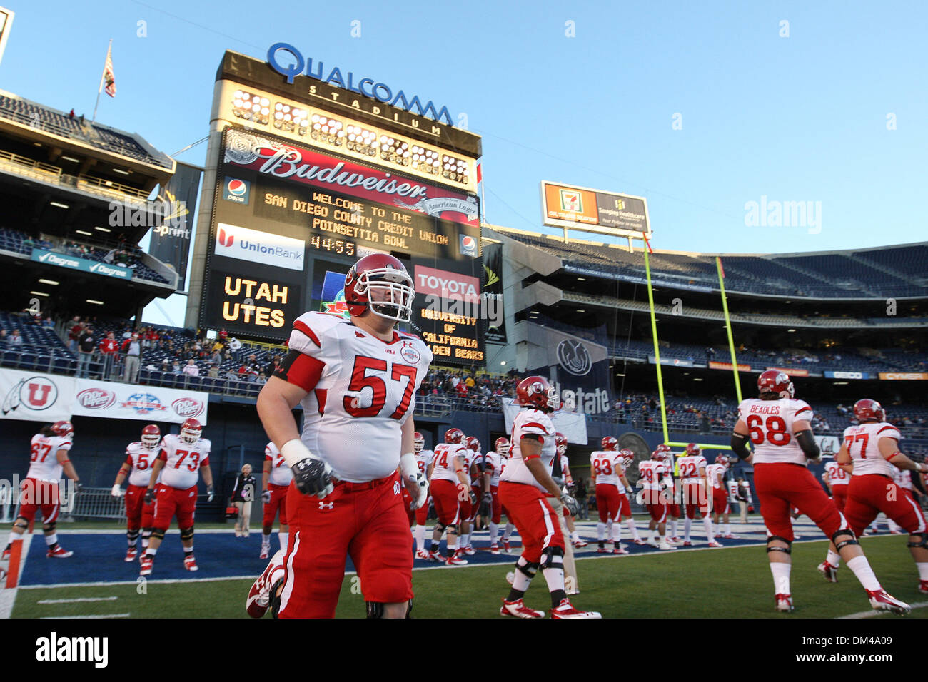 Utah offensive lineman Tyler Williams #57 warms up on the sideline before playing Cal in the Poinsettia Bowl at Qualcomm Stadium in San Diego CA. (Credit Image: © Nick Morris/Southcreek Global/ZUMApress.com) Stock Photo