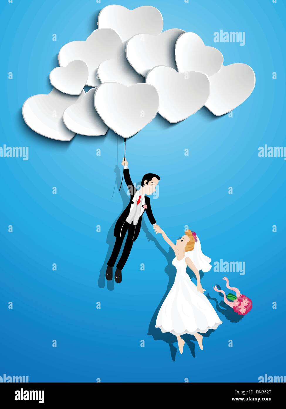 Just married couple flying with a heart shaped balloon Stock Vector