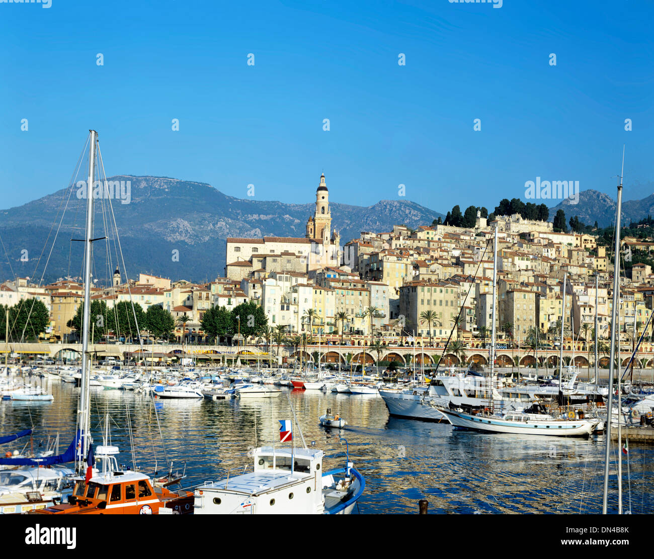 View of the port and old town district, Menton, French Riviera, France Stock Photo