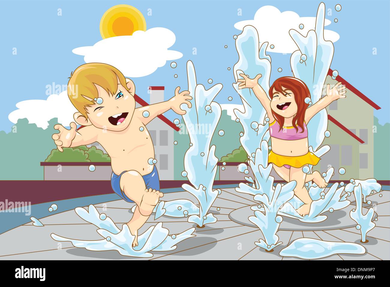 A vector illustration of happy kids playing in water fountain Stock Vector