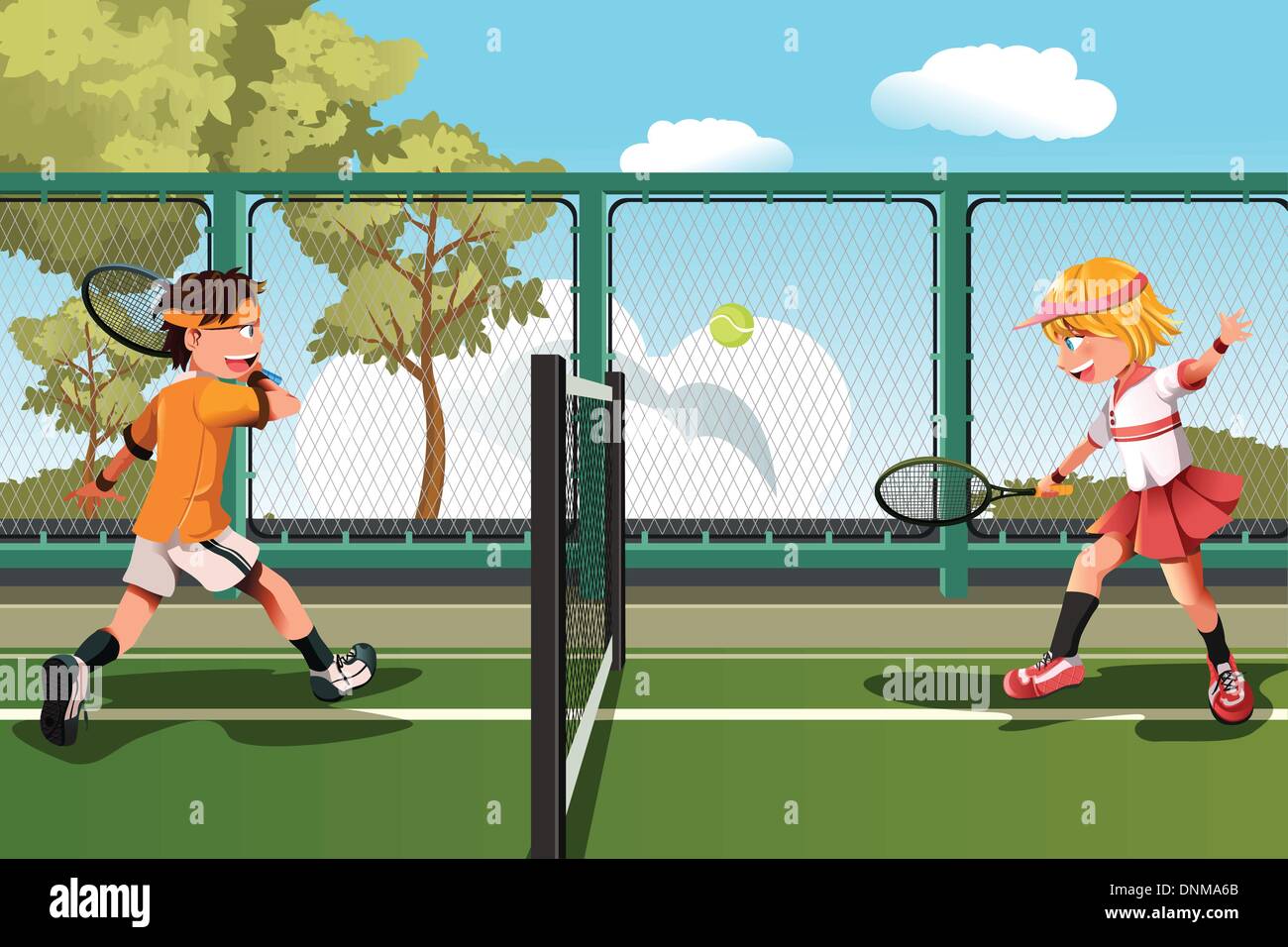 A vector illustration of two kids playing tennis Stock Vector