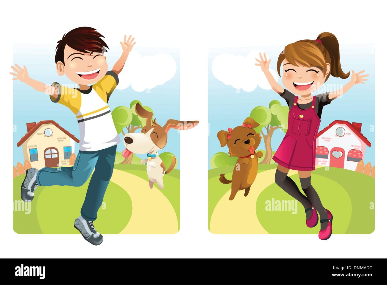 A vector illustration of a boy and a girl with a dog Stock Vector