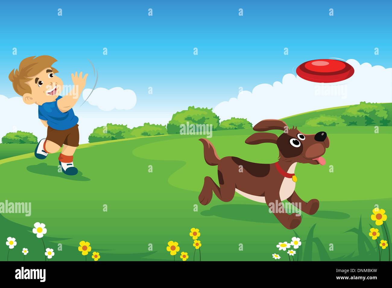 A vector illustration of handsome little boy playing with his dog in the park Stock Vector