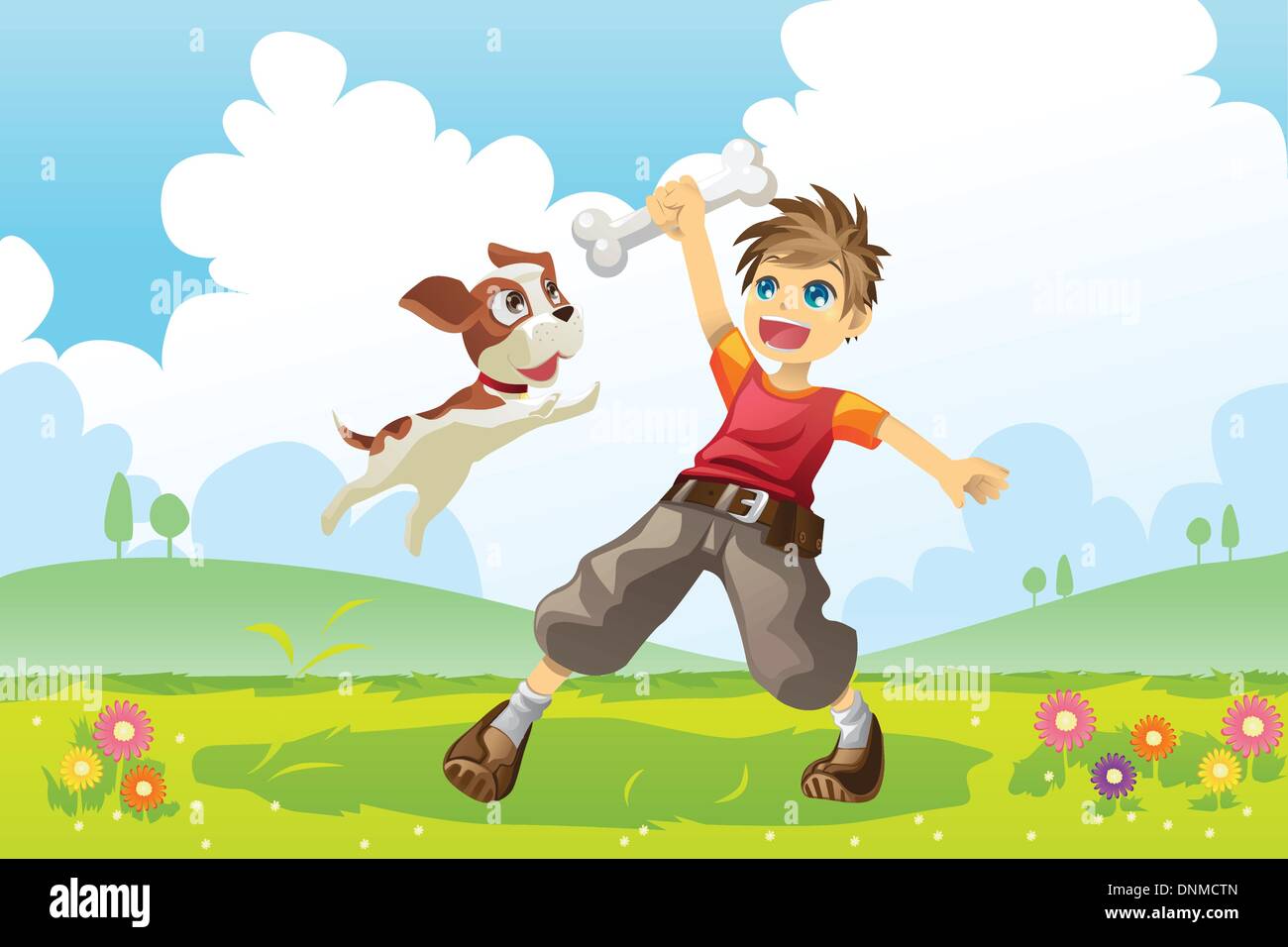 A vector illustration of a boy and his dog playing in the park Stock Vector